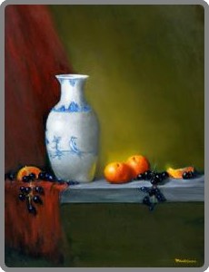 Blue Vase with Oranges and Grapes 20x16